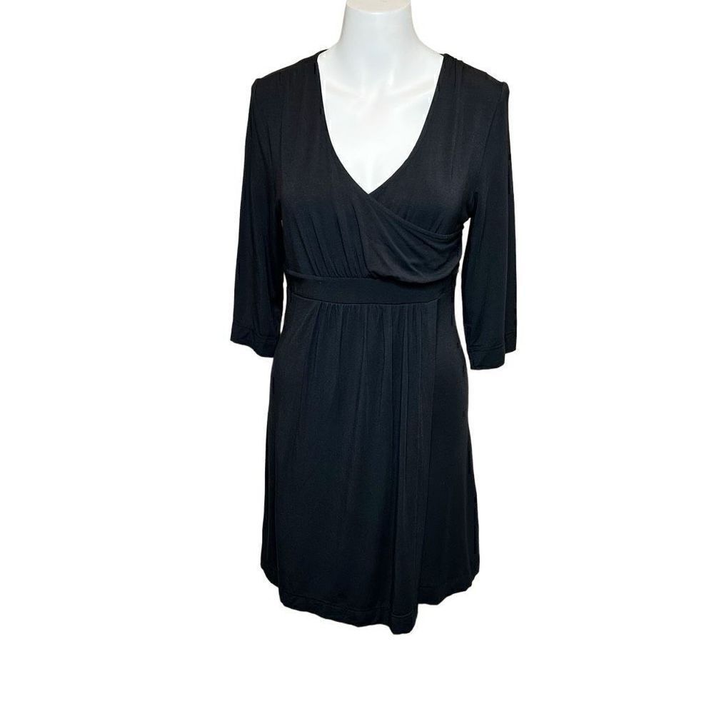 Athleta black 3/4 sleeve faux wrap jersey knit dress size S petite